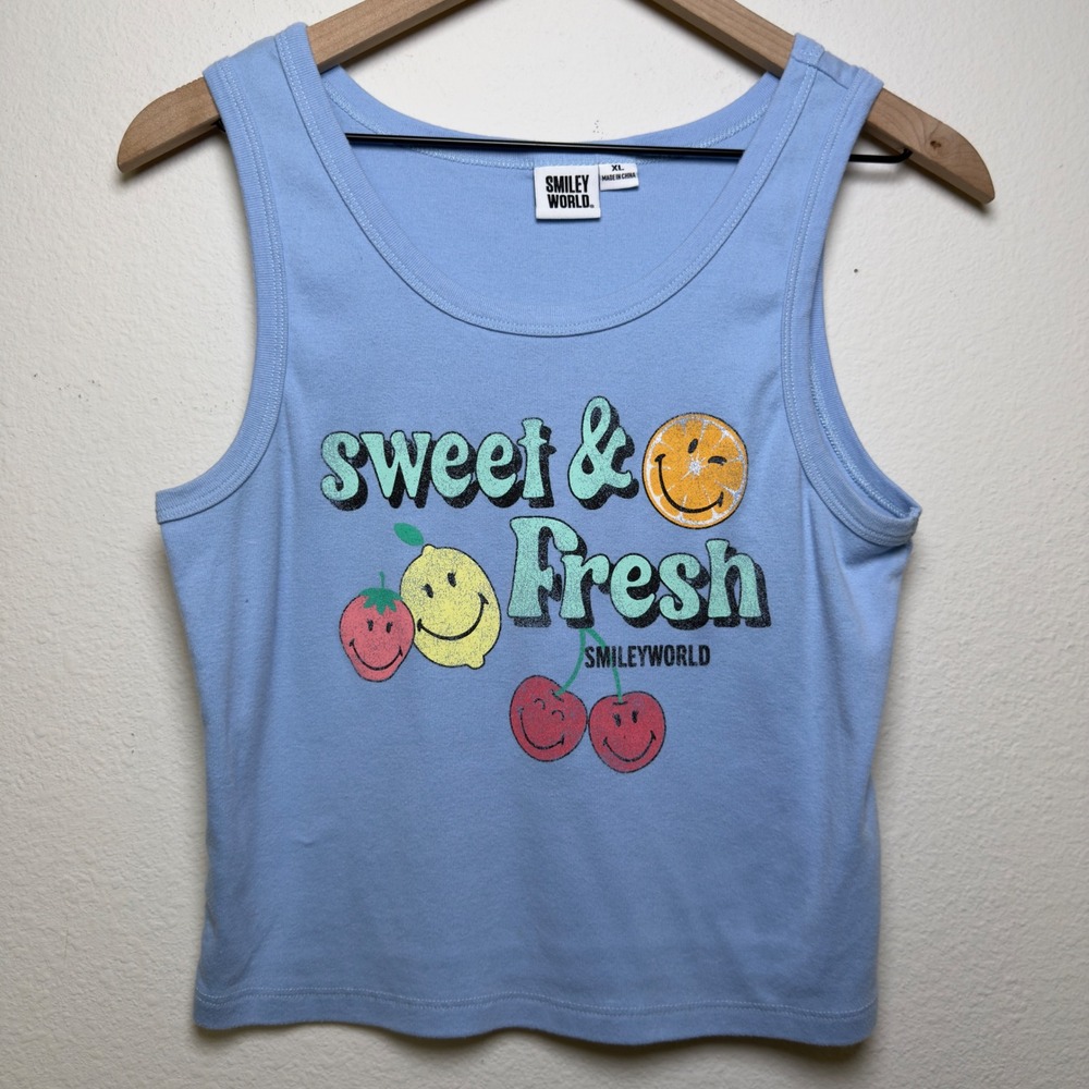 Smiley World Women Cotton Tank Top XL Blue Sweet & Fresh Fruit Baby Tee Crop
